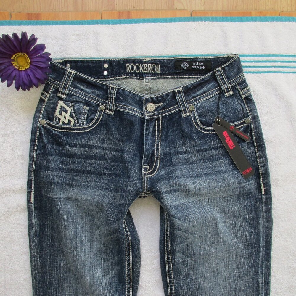 New ROCK & ROLL Cowgirl Jeans Size 32 X 34 Embellished Bootcut Denim - Picture 8 of 14